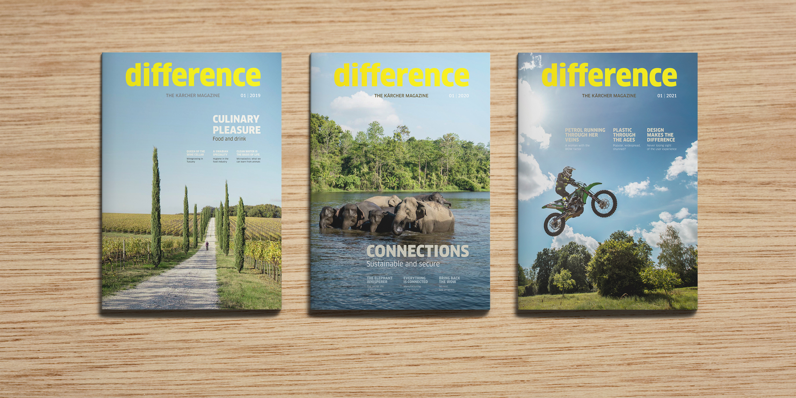 difference - Das Kärcher Magazin Flatlay-Motiv von drei difference Ausgaben, das zum Download der Magazine verlinkt