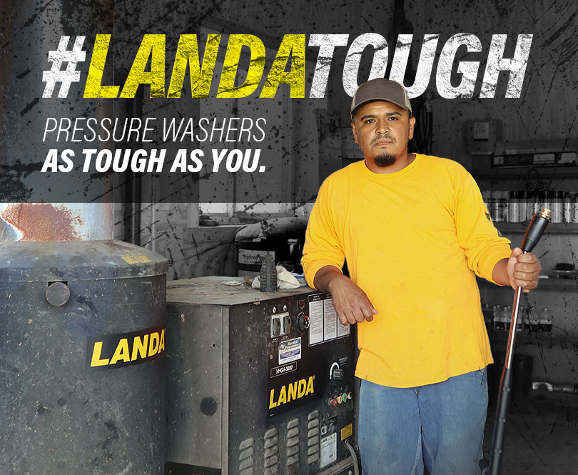 Landa Tough man stands next to a Landa VHG with words above his head that read: #LandaTough