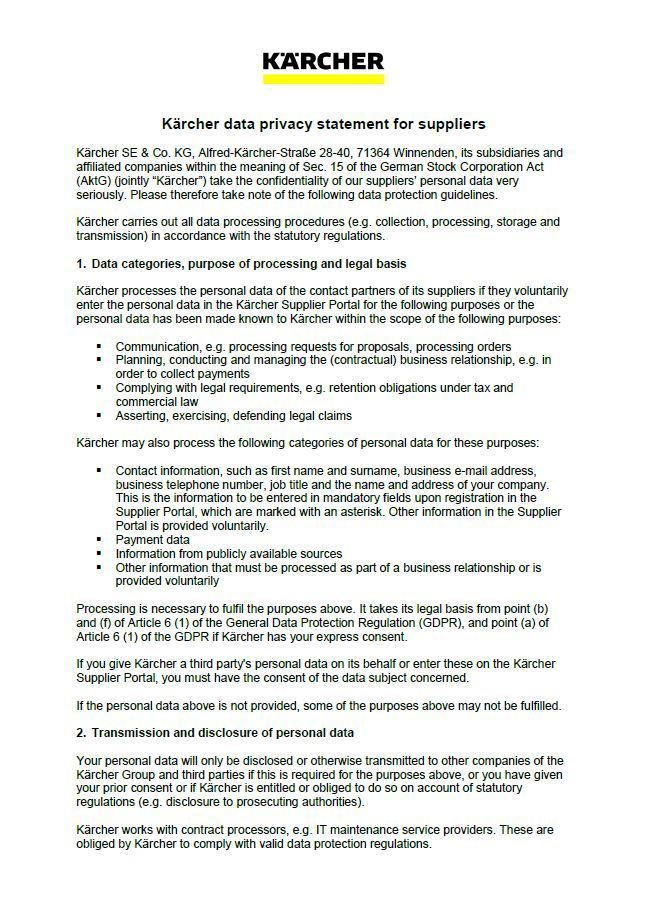 Kaercher Data Privacy Statement for Suppliers