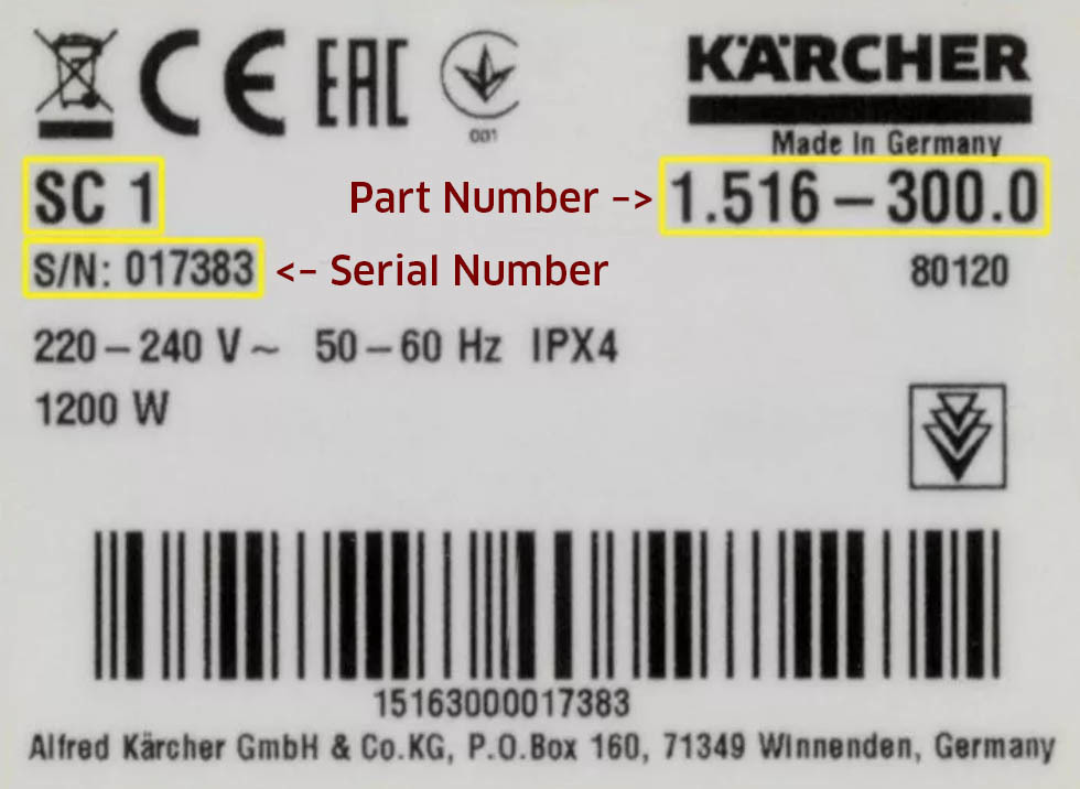 Karcher Product Ratings Plate Example Product Number Serial Number