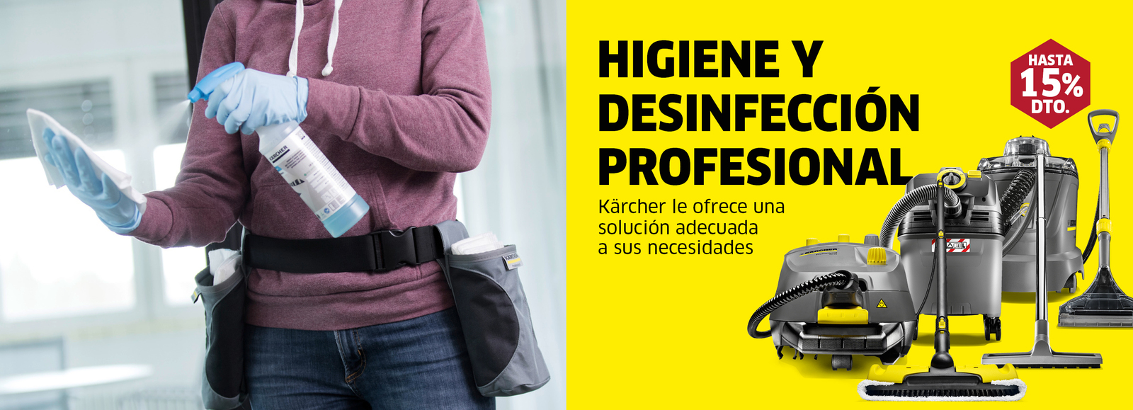 Mujer desinfectando con máquina en promoción Octubre Mujer desinfectando con máquina Kärcher en promoción Octubre