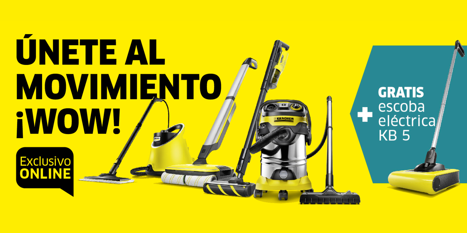 Promoción compra una Kärcher y llévate una escoba eléctrica gratis Visión de un chico con la escoba eléctrica gratis que ha conseguido con la compra de una Kärcher