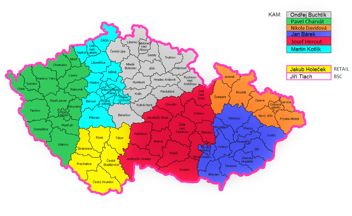 Rozložení oblastí mapy ČR - působnost obchodních zástupců Rozložení oblastí mapy ČR - působnost obchodních zástupců